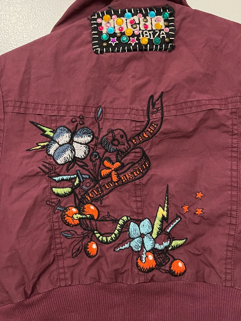 Embroidered Pacha Ibiza Berry-Embellished Maroon Cropped Bomber Jacket